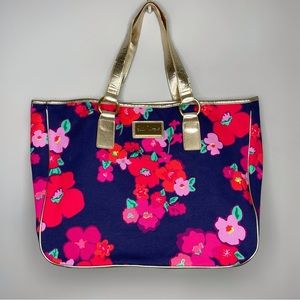 Lily Pulitzer GWP Shore Tote Navy Coated Canvas Garden Games 15.5" X 12" Floral